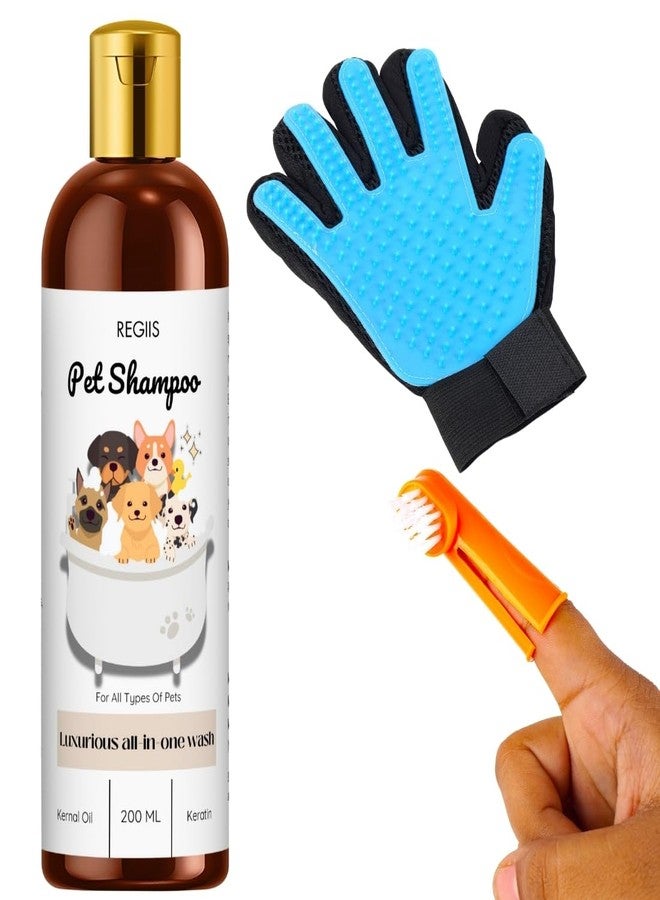 شامبو ريجيس للحيوانات الأليفة مع مجموعة قفازات العناية، غسول شامل بالكيراتين وزيت نواة النخيل، 200 مل، للكلاب والحيوانات الأليفة (عبوة من 3 قطع) - Image 1